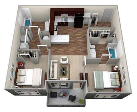 a 3d floor plan of a two bedroom apartment with a bathroom and a bedroom with a